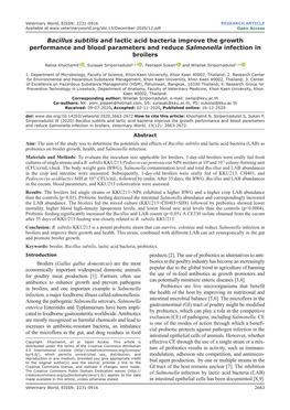 Bacillus Subtilis and Lactic Acid Bacteria Improve the Growth Performance and Blood Parameters and Reduce Salmonella Infection in Broilers