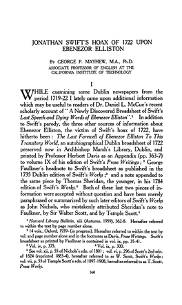 Jonathan Swift's Hoax of 1722 Upon Ebenezor Elliston