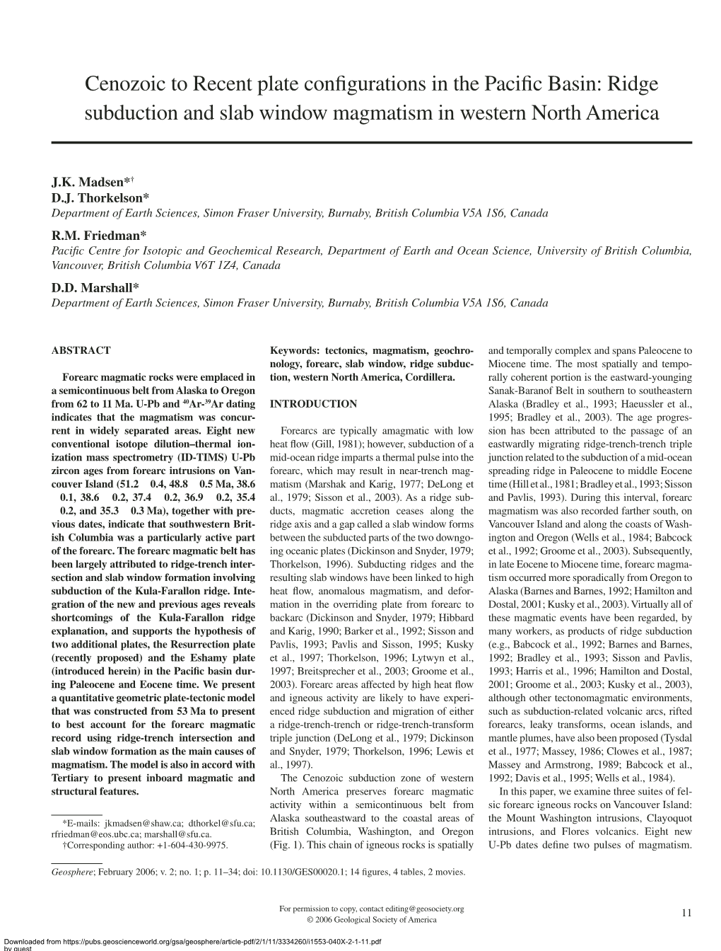 Ridge Subduction and Slab Window Magmatism in Western North America