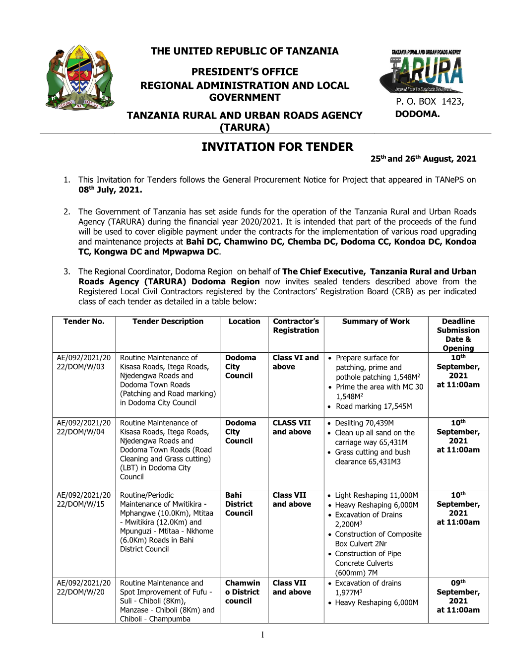 INVITATION for TENDER 25Th and 26Th August, 2021