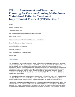 Assessment and Treatment Planning for Cocaine-Abusing Methadone- Maintained Patients: Treatment Improvement Protocol (TIP) Series 10