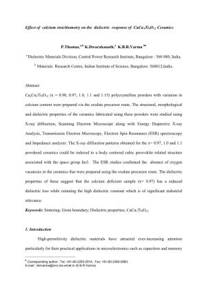 Effect of Calcium Stoichiometry on the Dielectric Response of Cacu3ti4o12 Ceramics P.Thomas, K.Dwarakanath, K.B.R.Varma