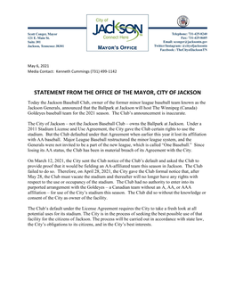 REVISED Statement from the Office of the Mayor, City of Jackson