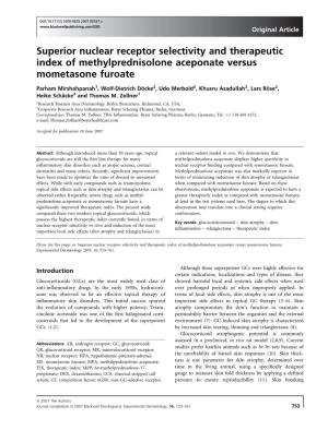 Superior Nuclear Receptor Selectivity and Therapeutic Index of Methylprednisolone Aceponate Versus Mometasone Furoate