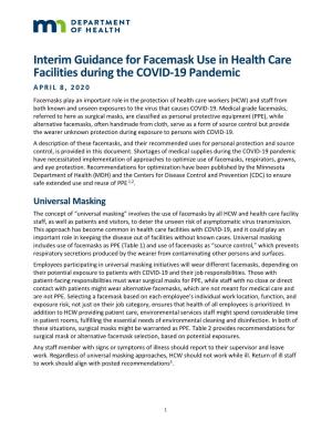 Interim Guidance for Facemask Use in Health Care Facilities During The