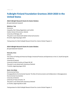 Fulbright Finland Foundation Grantees 2019-2020 in the United States