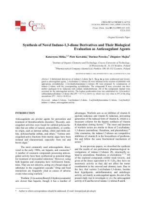 Synthesis of Novel Indane-1,3-Dione Derivatives and Their Biological Evaluation As Anticoagulant Agents