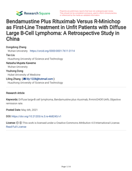 Bendamustine Plus Rituximab Versus R-Minichop As First-Line Treatment in Unft Patients with Diffuse Large B-Cell Lymphoma: a Retrospective Study in China