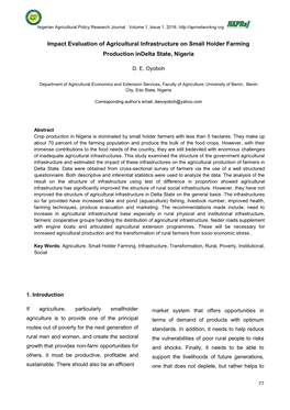 Impact Evaluation of Agricultural Infrastructure on Small Holder Farming Production Indelta State, Nigeria