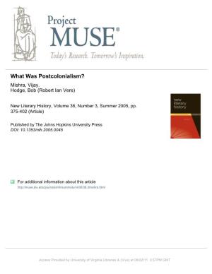 What Was Postcolonialism? Mishra, Vijay