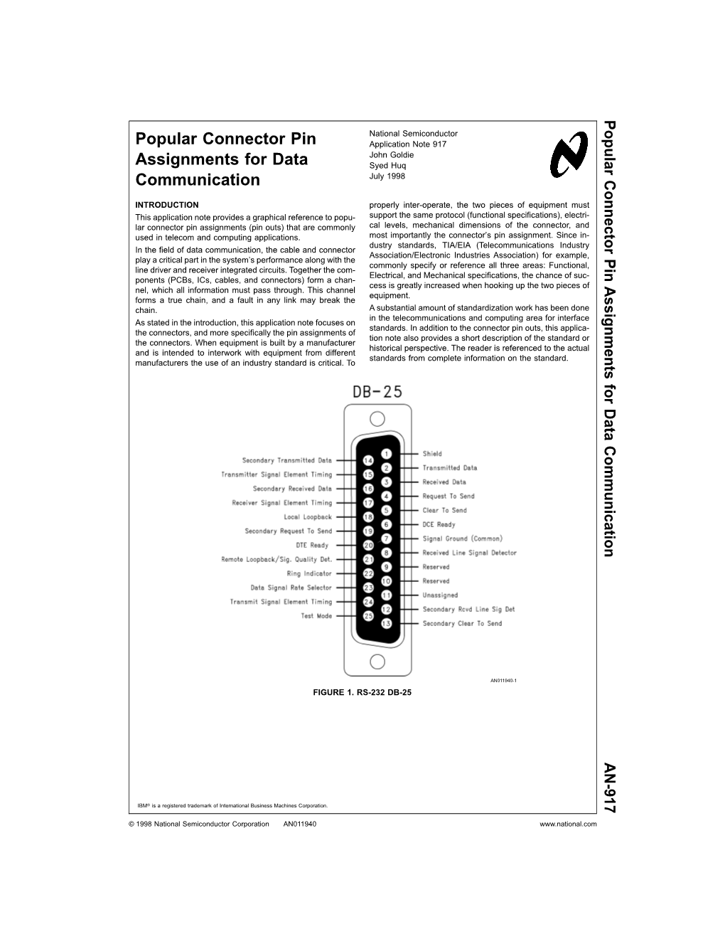 Application Note 917 Popular Connector Pin Assignments For