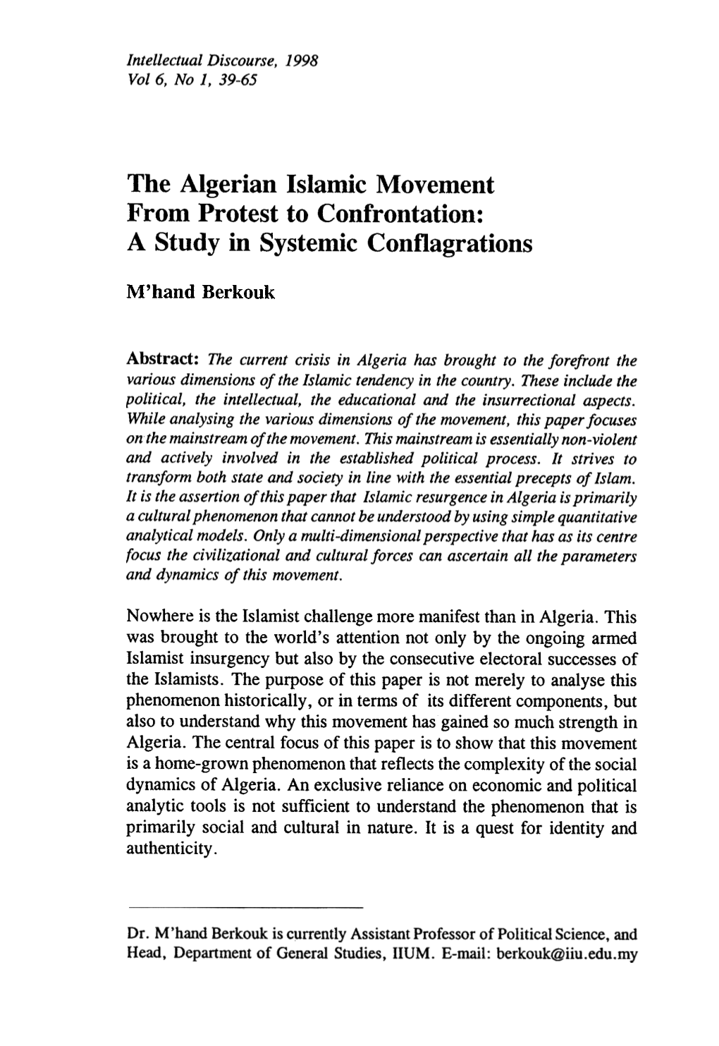 The Algerian Islamic Movement from Protest to Confrontation: a Study in Systemic Conflagrations