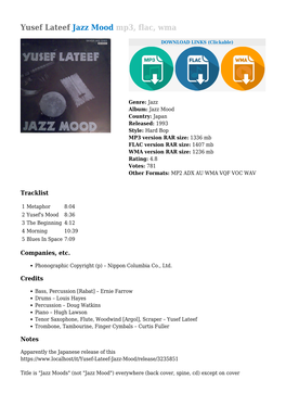 Yusef Lateef Jazz Mood Mp3, Flac, Wma