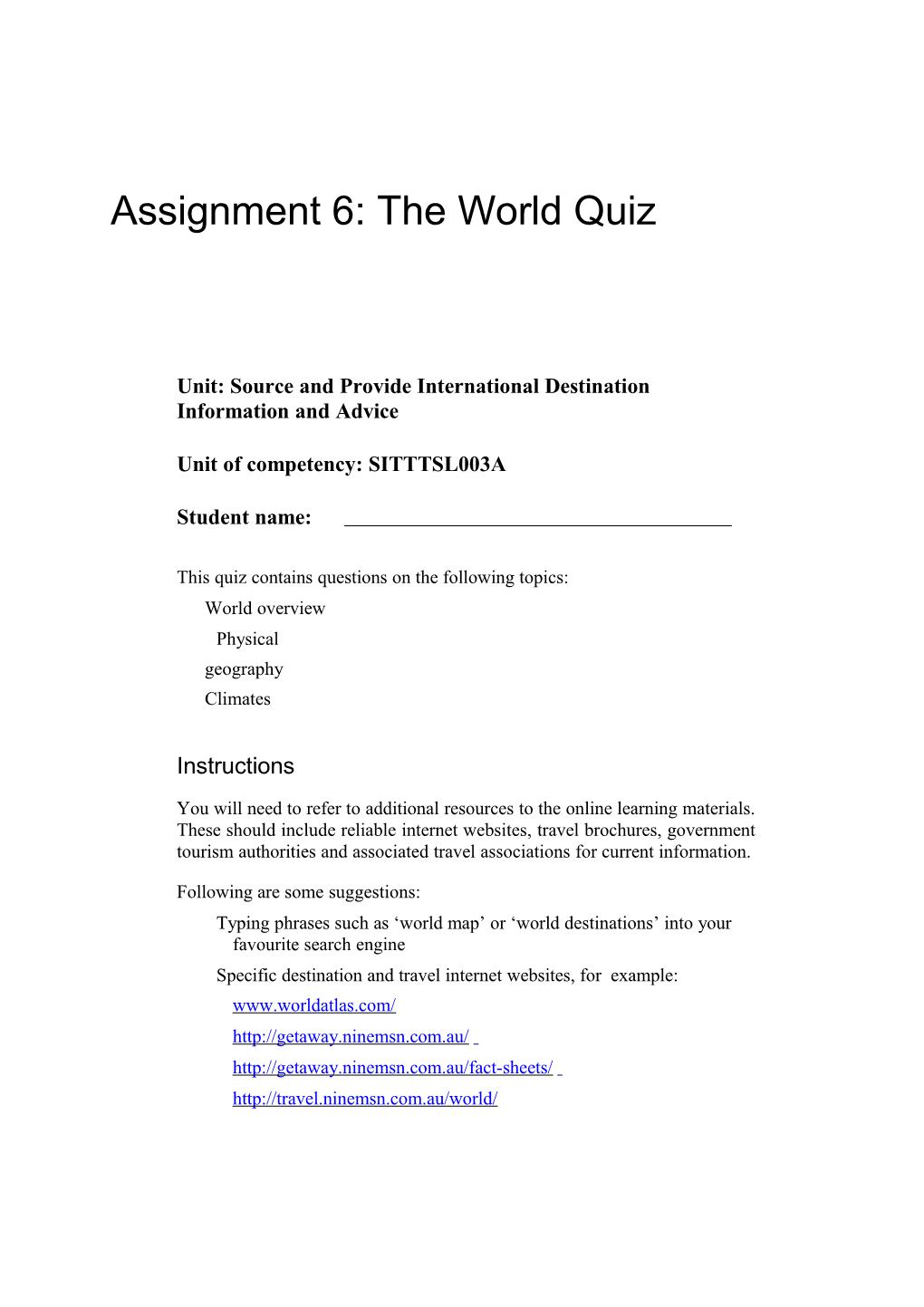 Assignment 6: the World Quiz