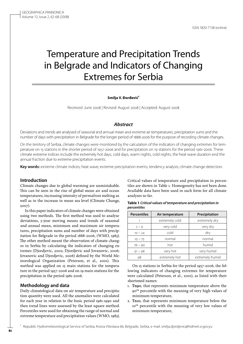 Temperature and Precipitation Trends in Belgrade and Indicators of Changing Extremes for Serbia