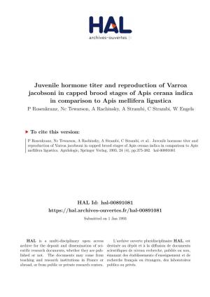 Juvenile Hormone Titer and Reproduction of Varroa Jacobsoni In