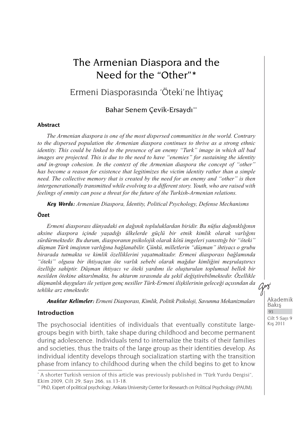 The Armenian Diaspora and the Need for the “Other”* Ermeni Diasporasında ‘Öteki’Ne İhtiyaç