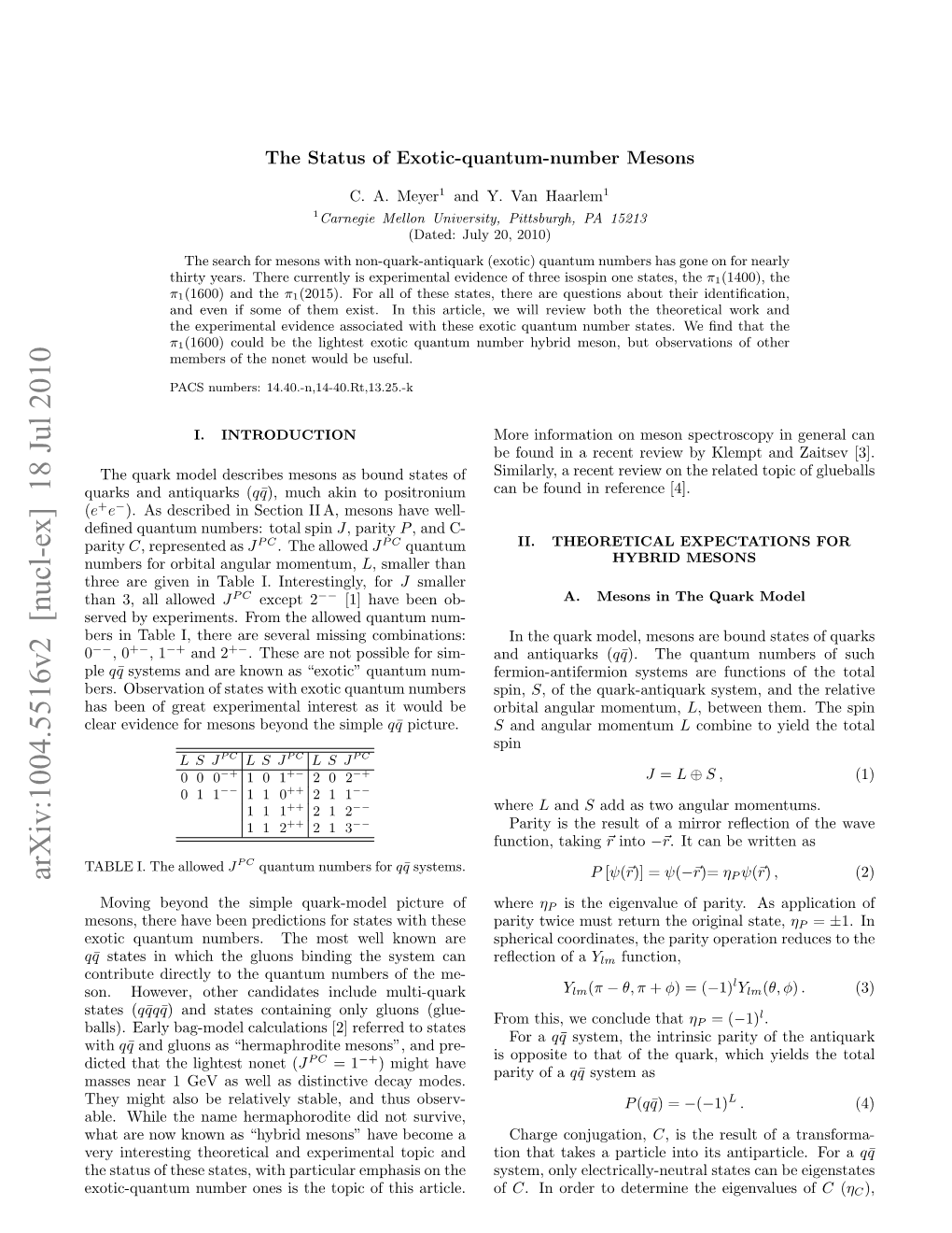 Status of Exotic-Quantum-Number Mesons