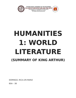 Humanities 1: World Literature (Summary of King Arthur)