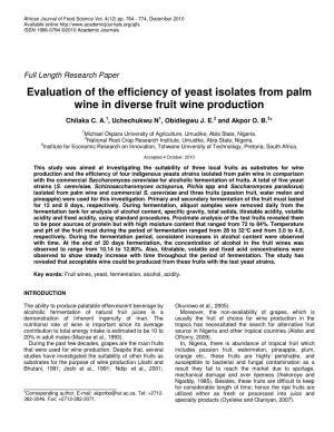 Evaluation of the Efficiency of Yeast Isolates from Palm Wine in Diverse Fruit Wine Production