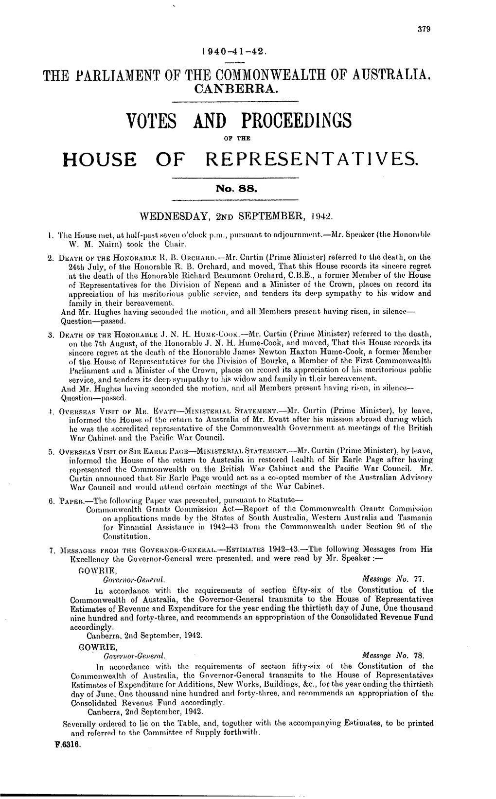 Votes and Proceedings House of Representatives