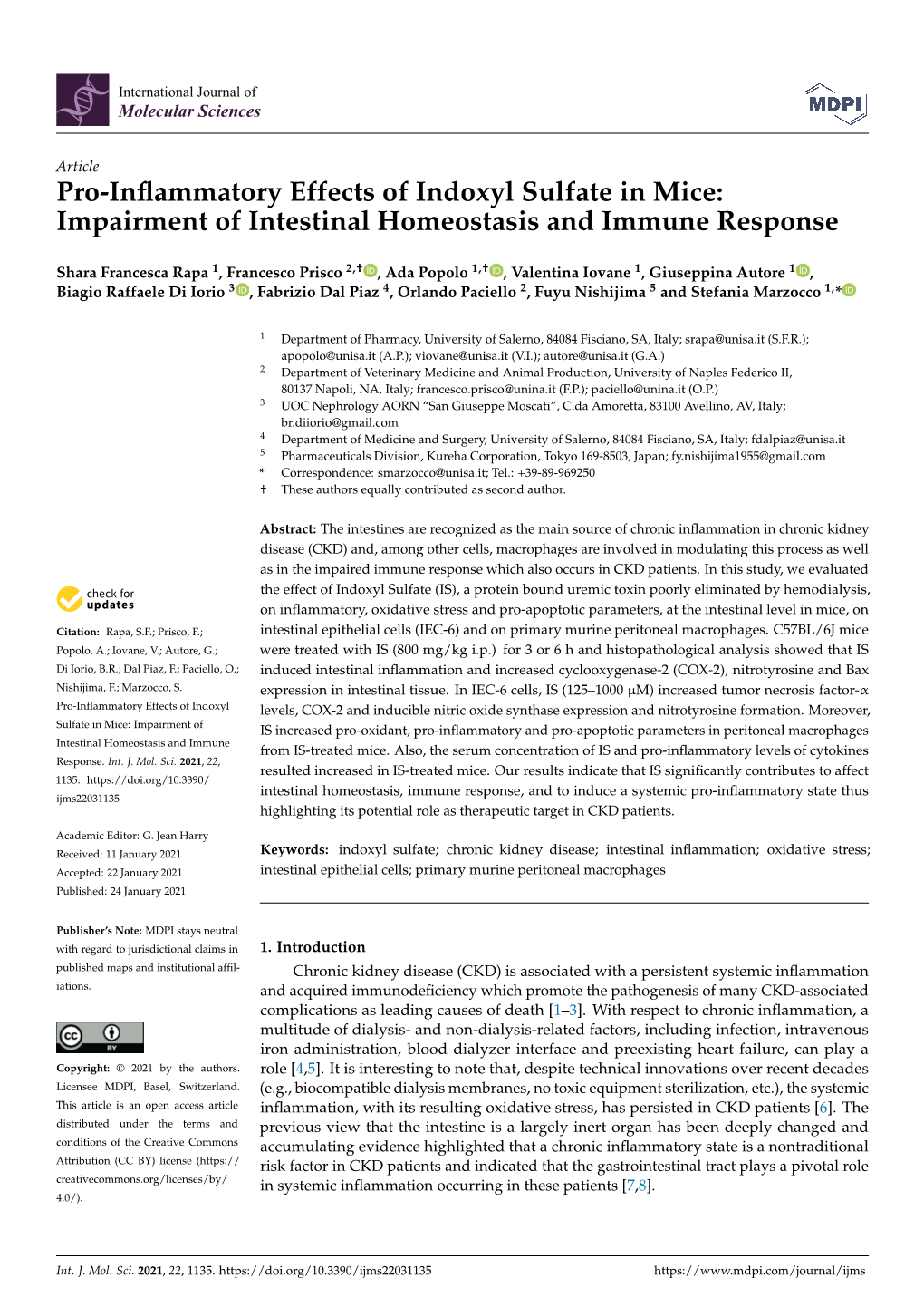 Pro-Inflammatory Effects of Indoxyl Sulfate in Mice