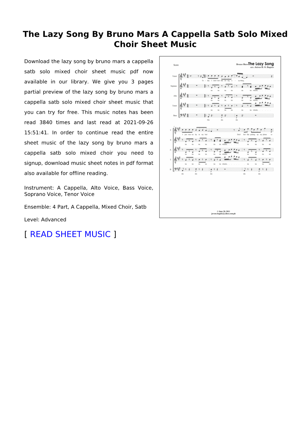 The Lazy Song by Bruno Mars a Cappella Satb Solo Mixed Choir Sheet Music