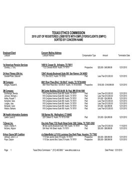 Texas Ethics Commission 2010 List of Registered Lobbyists with Employers/Clients (Emp/C) Sorted by Concern Name