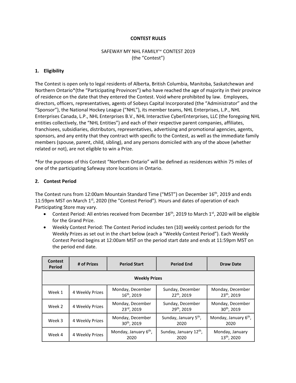 Contest Rules Safeway My Nhl Family™ Contest 2019