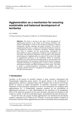 Agglomeration As a Mechanism for Ensuring Sustainable and Balanced Development of Territories