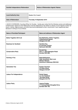 Scottish Independence Referendum Notice of Referendum Agents' Names