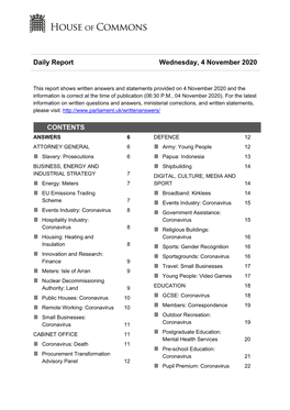 Daily Report Wednesday, 4 November 2020 CONTENTS