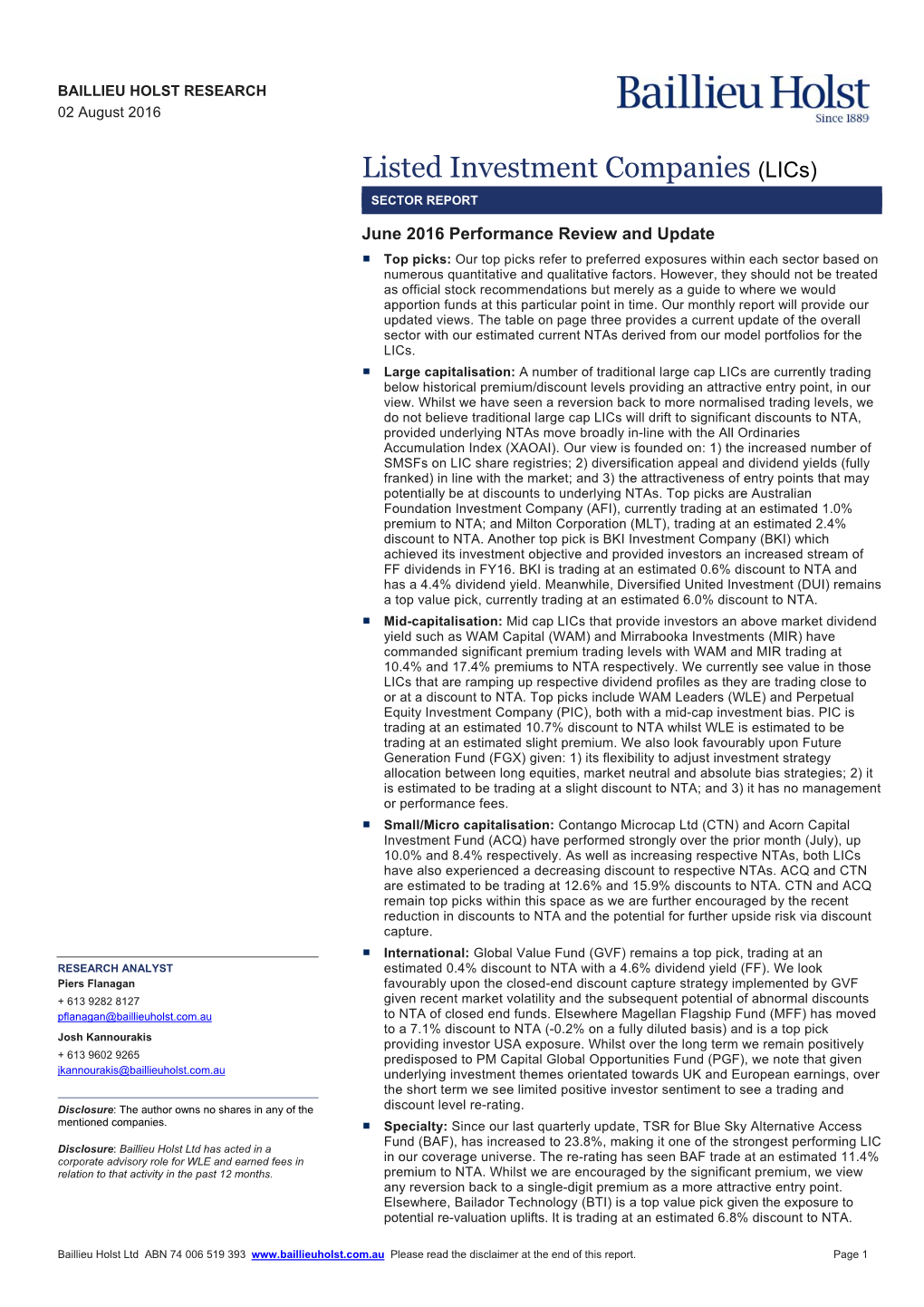 Listed Investment Companies (Lics) SECTOR REPORT