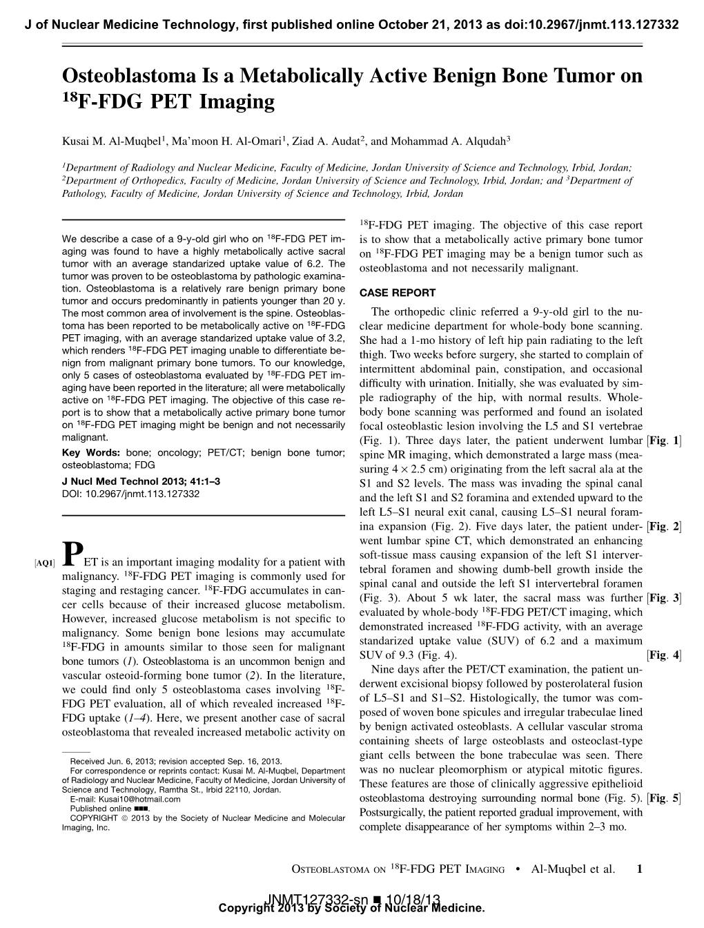 Osteoblastoma Is a Metabolically Active Benign Bone Tumor on 18F-FDG PET Imaging