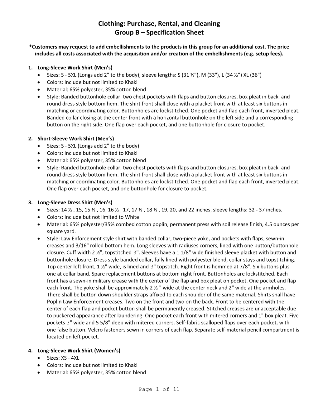 Clothing: Purchase, Rental, and Cleaning Group B – Specification Sheet