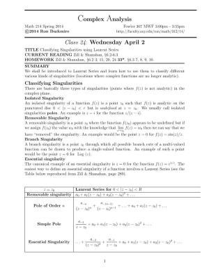 Complex Analysis Class 24: Wednesday April 2