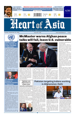 Mcmaster Warns Afghan Peace Talks Will Fail, Leave U.S. Vulnerable