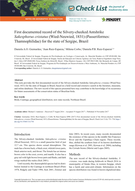 First Documented Record of the Silvery-Cheeked Antshrike Sakesphorus Cristatus (Wied-Neuwied, 1831) (Passeriformes: Thamnophilidae) for the State of Sergipe, Brazil