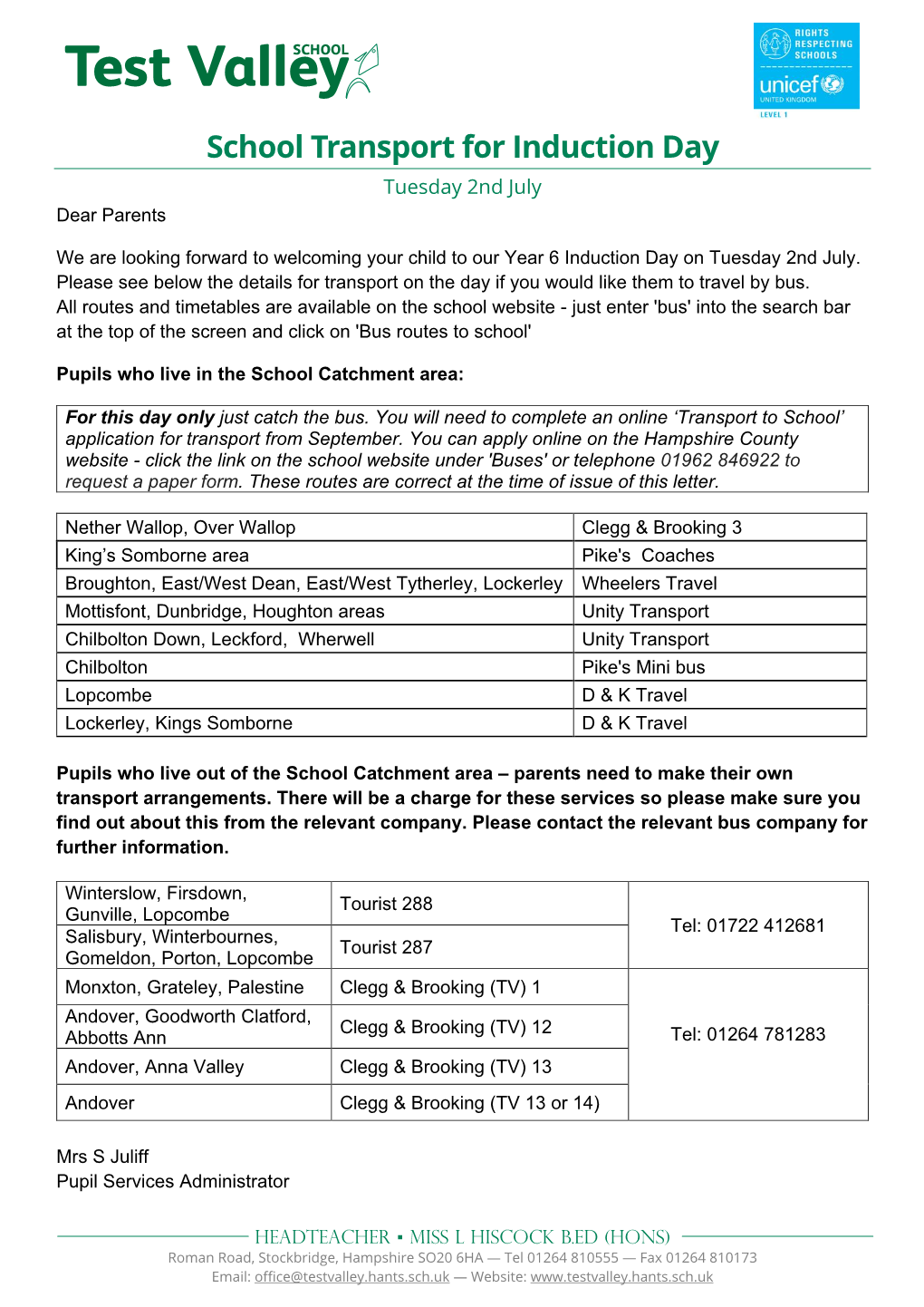 School Transport for Induction Day Tuesday 2Nd July Dear Parents