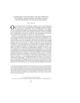 Cannibalism, Vegetarianism, and the Community of Sacrifice: Rediscovering Euripides’ Cretans and the Beginnings of Political Philosophy