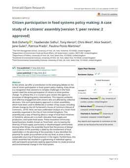 Citizen Participation in Food Systems Policy Making: a Case Study of a Citizens’ Assembly [Version 1; Peer Review: 2 Approved]