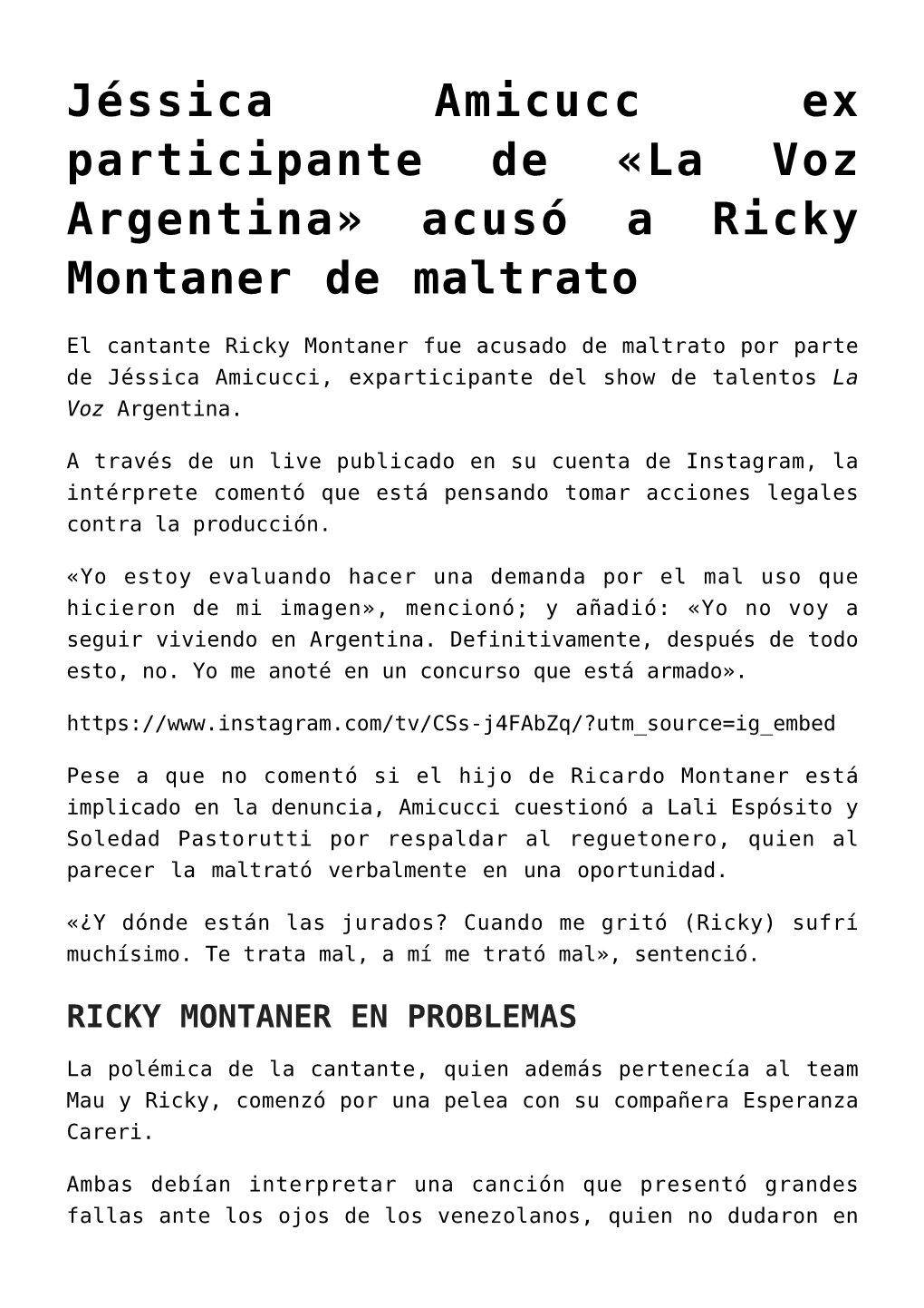 Jéssica Amicucc Ex Participante De «La Voz Argentina» Acusó a Ricky Montaner De Maltrato