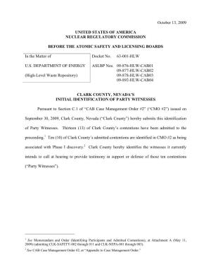 Clark County, Nevada's Initial Identification of Party Witnesses