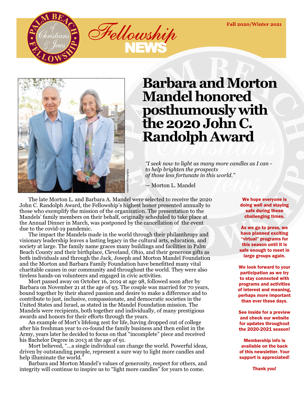 NEWS Barbara and Morton Mandel Honored Posthumously with The