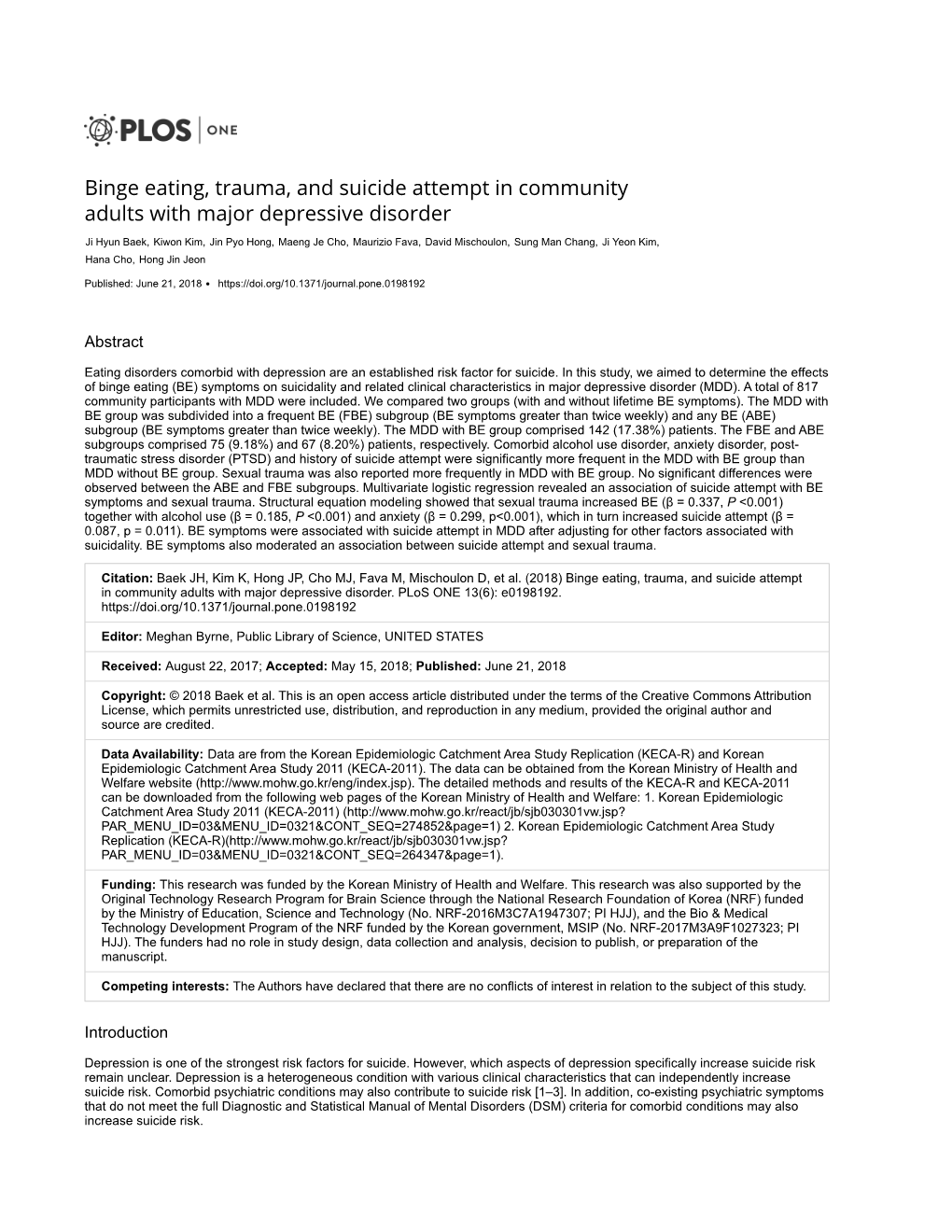 Binge Eating, Trauma, and Suicide Attempt in Community Adults with Major Depressive Disorder