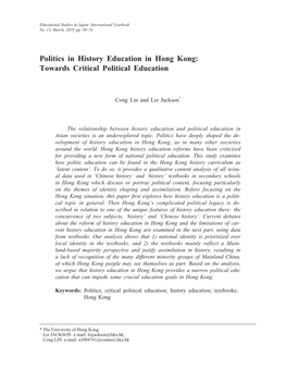 Politics in History Education in Hong Kong: Towards Critical Political Education