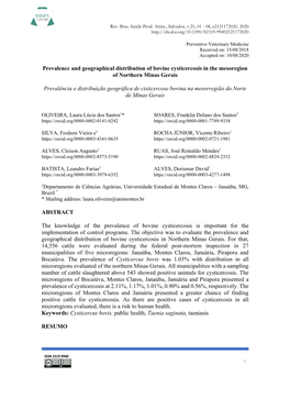 Prevalence and Geographical Distribution of Bovine Cysticercosis in the Mesoregion of Northern Minas Gerais