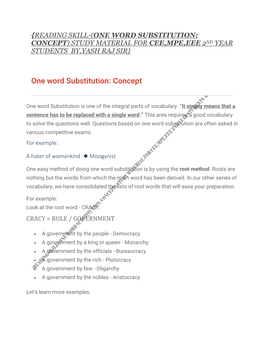 One Word Substitution: Concept) Study Material for Cee,Mpe,Eee 2Nd Year Students By,Yash Raj Sir}