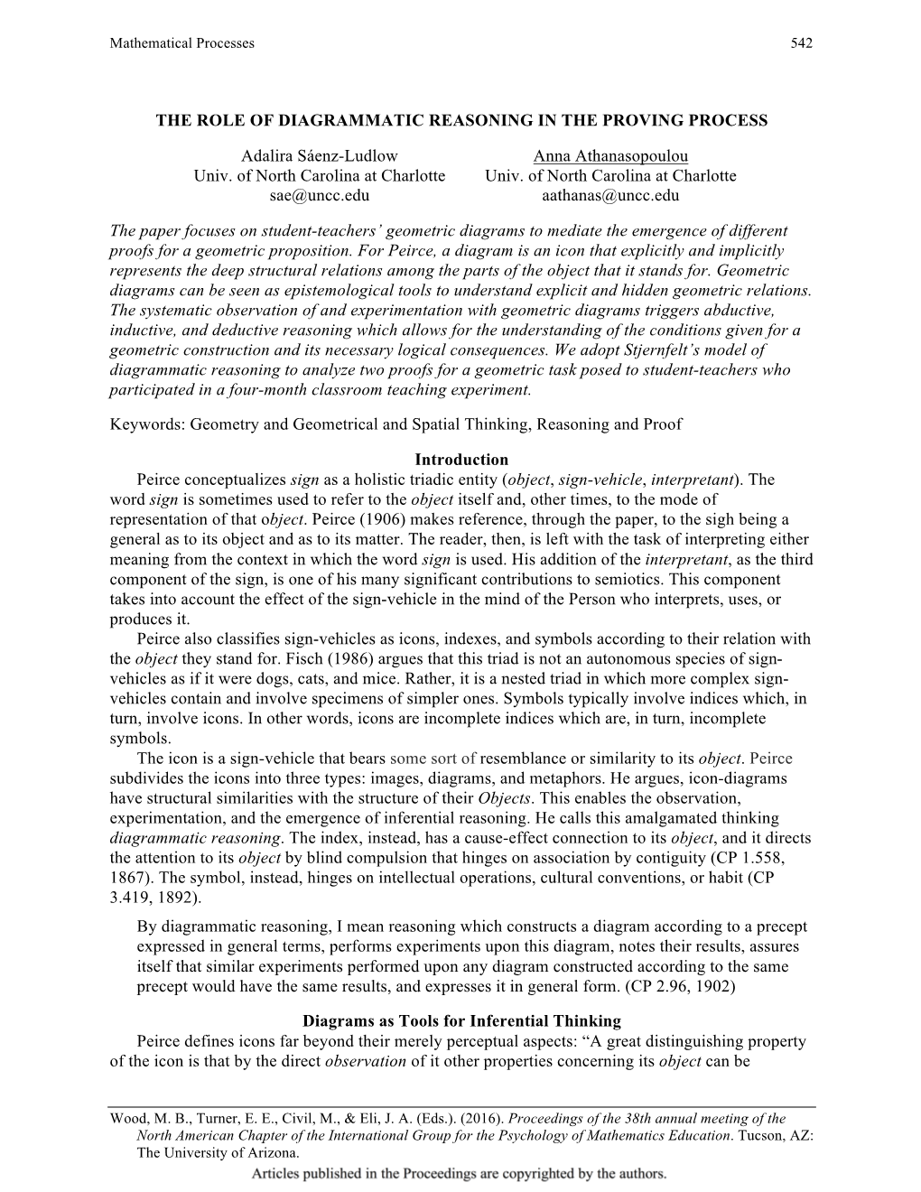 THE ROLE of DIAGRAMMATIC REASONING in the PROVING PROCESS Adalira Sáenz-Ludlow Anna Athanasopoulou Univ. of North Carolina at C