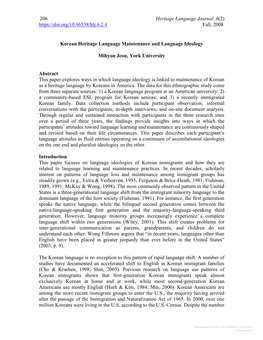 Korean Heritage Language Maintenance and Language Ideology